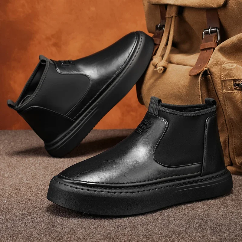 Classic Black Leather Ankle Boots Men Fashion Casual Boots Comfortable Slip-on High Top Shoes Man Platform Men's Chelsea Boots