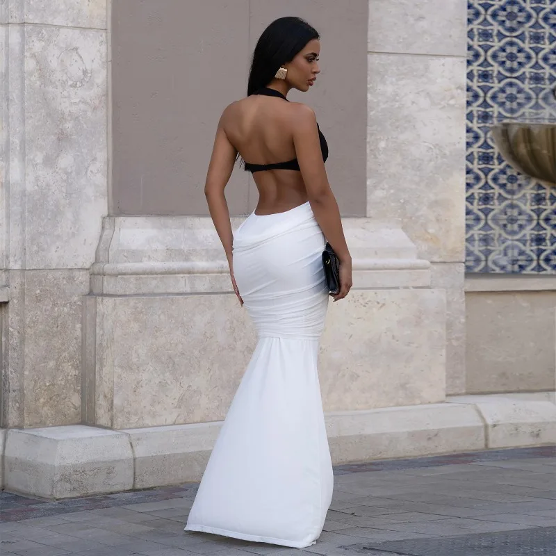 KEXU Patchwork Moda Donna Sexy Scollo a V Abito senza schienale Ritagliato Abiti lunghi maxi da festa increspati