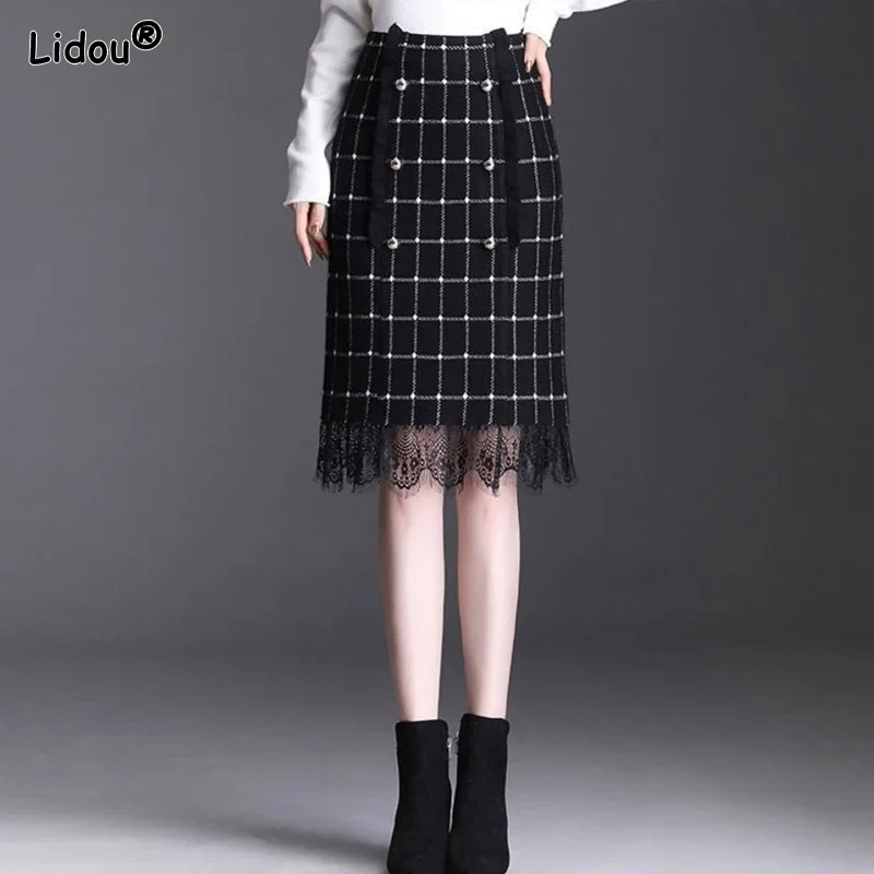 Office Lady Knee-length A-line Hip Skirt Print Button Lace High Strech Women's Clothing Empire Knitting Cotton Lightly Cooked