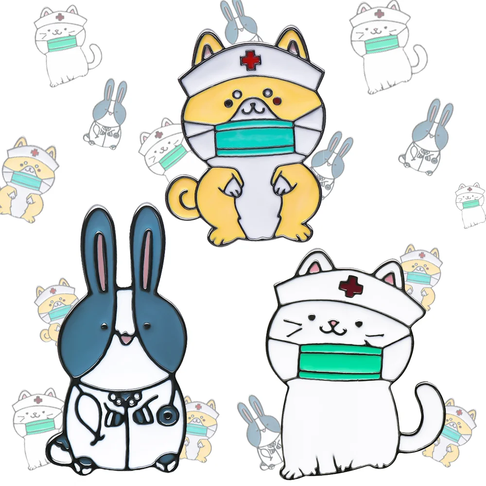 Cute Animal Doctor Brooch Rabbit Cat Dog Enamel Exquisite Pins Lapel Backpack Badge Animals Lovers Collection Jewelry Accessory