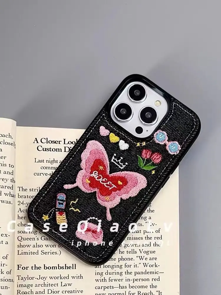 Embroider Flower Love Butterfly iPhone Cases for IPhone 11 12 13 14 Pro Max IPhone Korean Vintage Black White Denim Phone Case