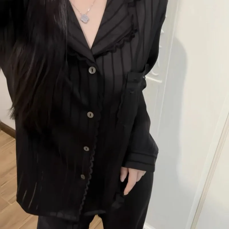 Home Two-piece Set Ice Snow Silk Lazy Wind Black Series Simple High-end Exquisite Dirt-resistant Long-sleeved Trousers Pajamas