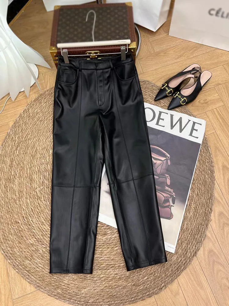 Women Pants Elegant 2024 New Fashion High Waist Genuine Leather Trousers Women Streetwear Luxury Designer