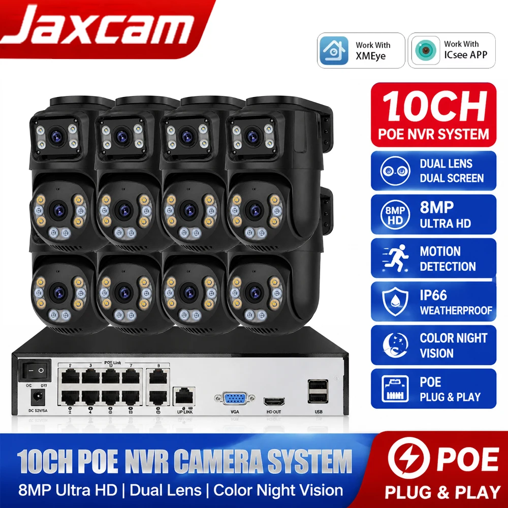 10CH POE NVR Security Camera System 8MP HD Dual‑Lens POE Cameras Motion Detection IP66 Weatherproof XMEye ICsee APP Surveillance