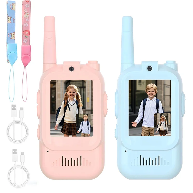 2個セット-子供用ビデオトランシーバー-usb充電式-キッズトイ-誕生日プレゼント-かわいい2インチスクリーン-ワンボタンインターコム