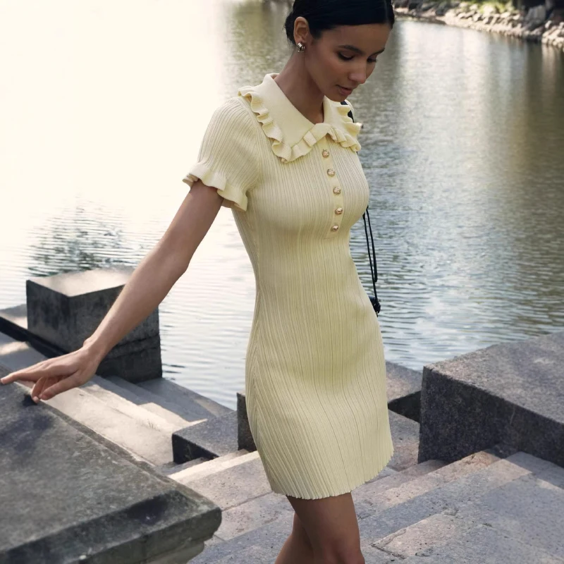Street Beige Ruffles Screw Thread Mini Dress Casual Butterfly Sleeve Straight Dresses 2026 Summer Vintage Slim High Waist Dress