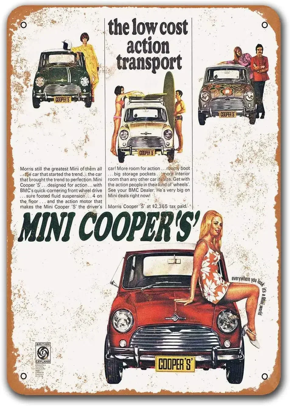 1969 Mini Cooper Car Metal Tin Sign, Sisoso Vintage Plaques Poster Bar Man Cave Retro Wall Decor 8x12 inch