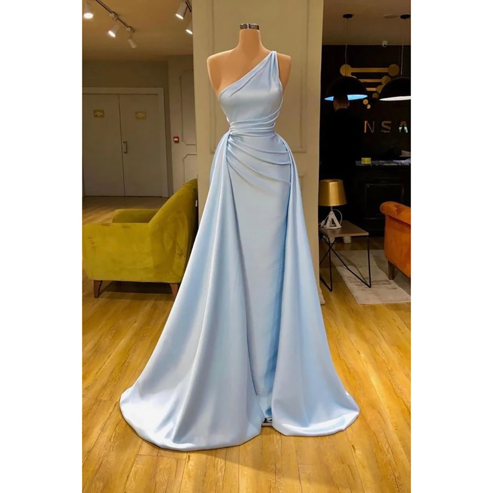 Chic Evening Dresses Baby Blue Sleeveless Sweep Train One Shoulder Prom Dress for Pretty Women Custom Vestidos de Viesta