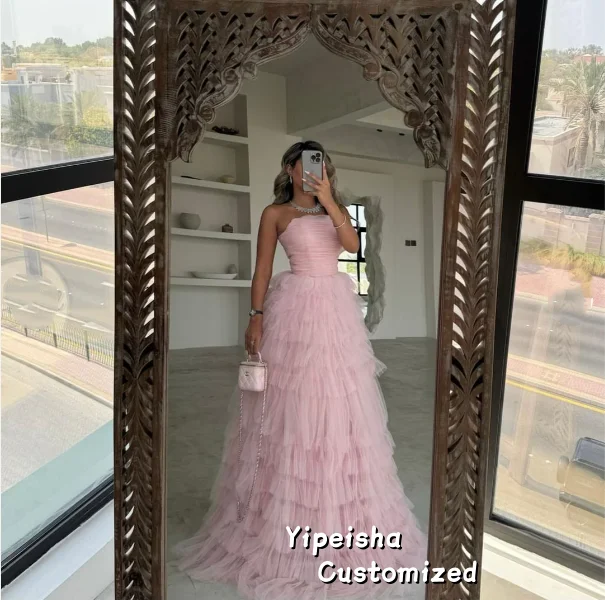 فستان حفلة موسيقية وردي مخصص على شكل حرف a بدون حمالات بطول الأرض وكشكشة فساتين سهرة فاخرة بدون أكمام لحفلات الزفاف #4
