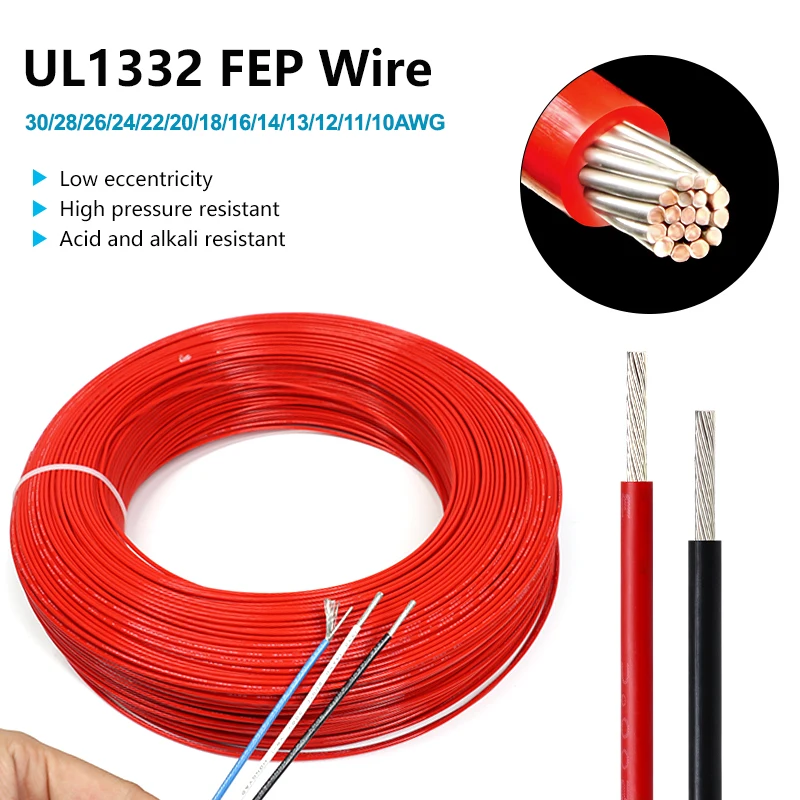 

Black Red UL1332 PTFE Wire 30 28 26 24 22 20 18 16 14 13 12 11 10AWG High Temperature FEP Insulated OFC Tinned Copper Cable