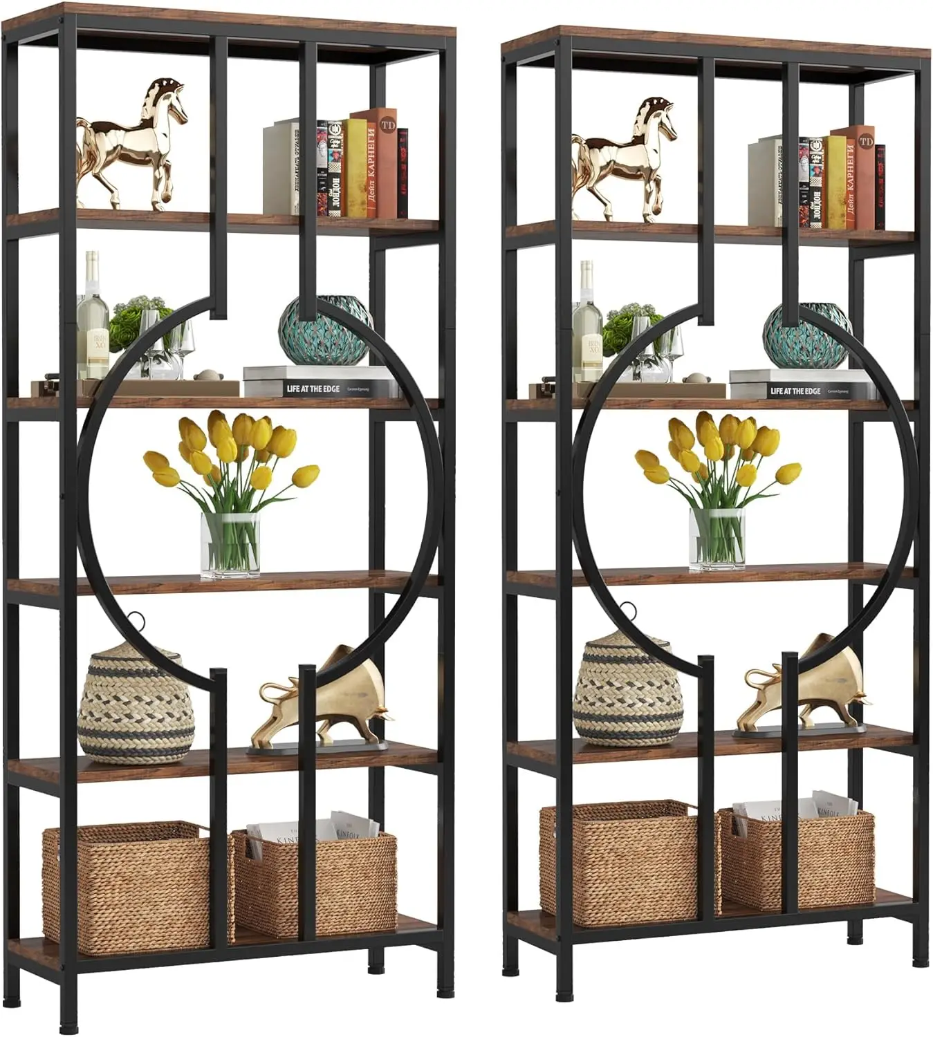 Tribesigns 70.9 Inch Industrial Bookshelf, 6-Tier Tall Bookcase With Open Shelves, Wood And Metal Display Shelf Storage Shelves