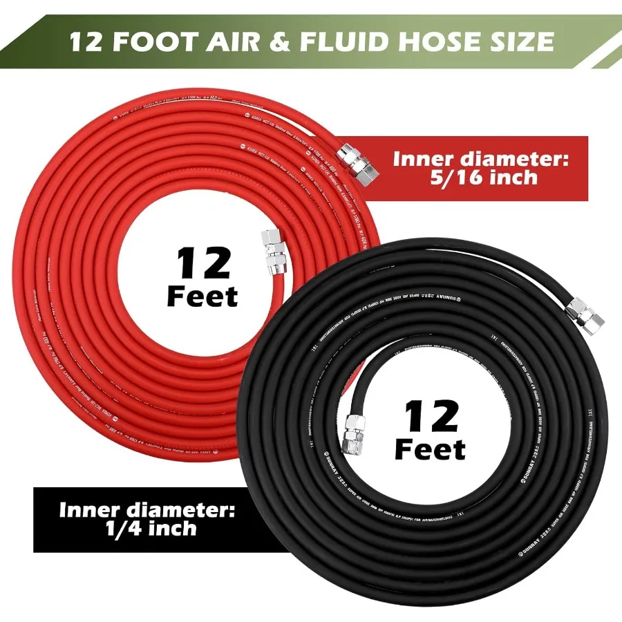 Frienda 2 Pcs 12 ft Air and Fluid Hose Assemblies Kit with Fittings Heavy Duty 5 16 ID 3 8 NPS Air and 1 4 ID 1 4 NPS Fluid Hos