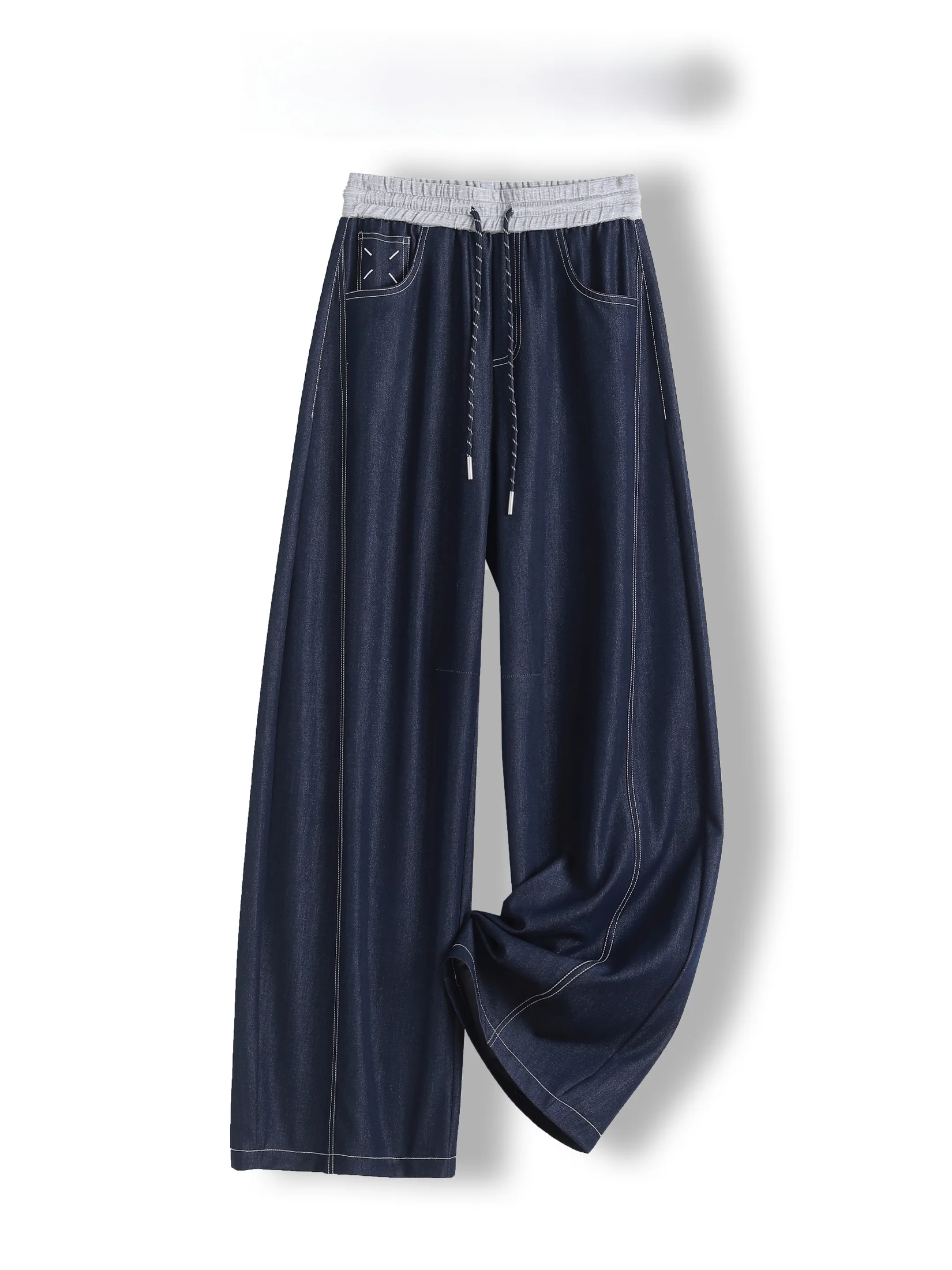 

High Waist Wide Leg Denim Pants Summer Fashion Embroidery Color Block Elastic Waist Blade Cut Jeans for Women Casual S...