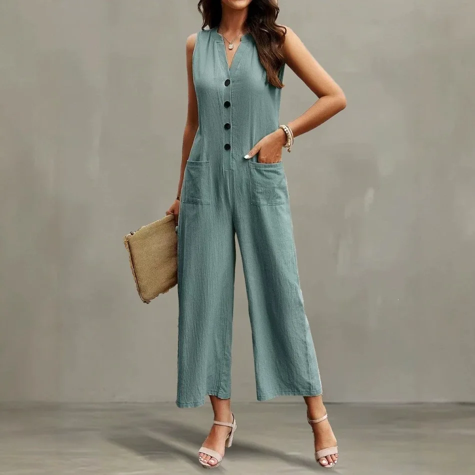 Temperament Elegant New Women One Piece Wide Leg Pants Sleeveless V-neck Single Breasted Pockets Office Lady Summer Jumpsuit