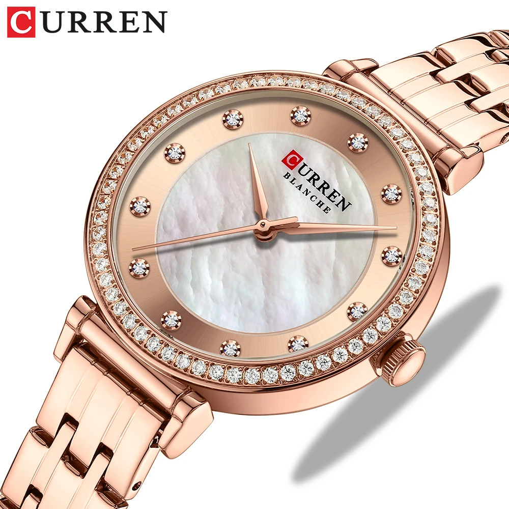 

CURREN New Ladies Quartz Watches with Shells Dial Stainless Steel Bracelet Wristwatch for Women Luxury Rhinestones Clock