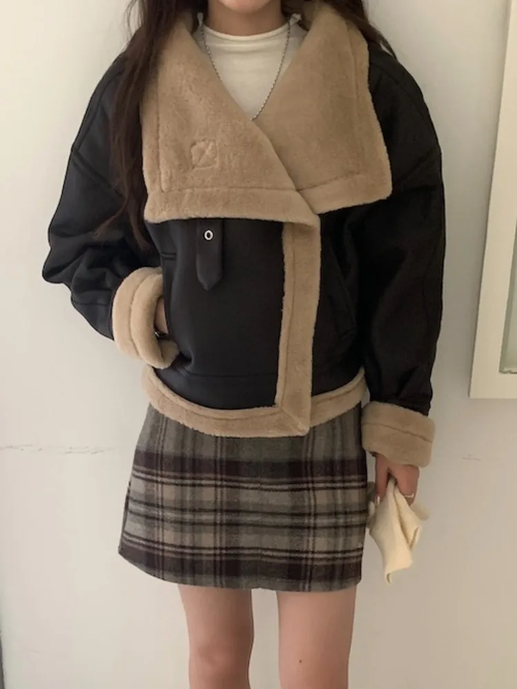 Abrigo largo de piel de cordero para mujer, ropa de abrigo con cuello de sangre de Color Faion, Top versátil adelgazante para invierno, suéter coreano Sle