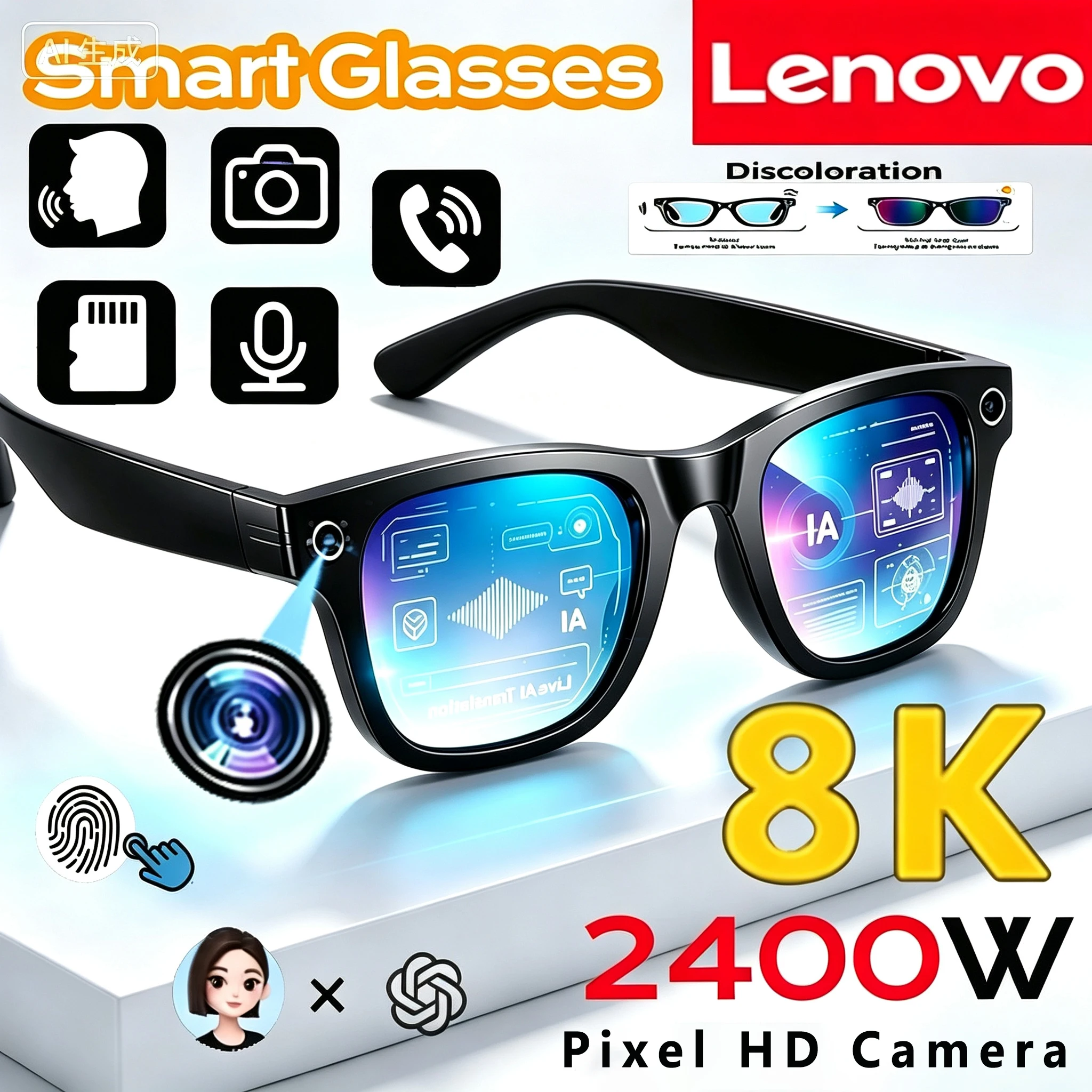 Lenovo Smart AI Glasses Upgrade HD 8K Shooting Camera Photo Video Voice Call Translation Bluetooth AI Motorcycle Glasses