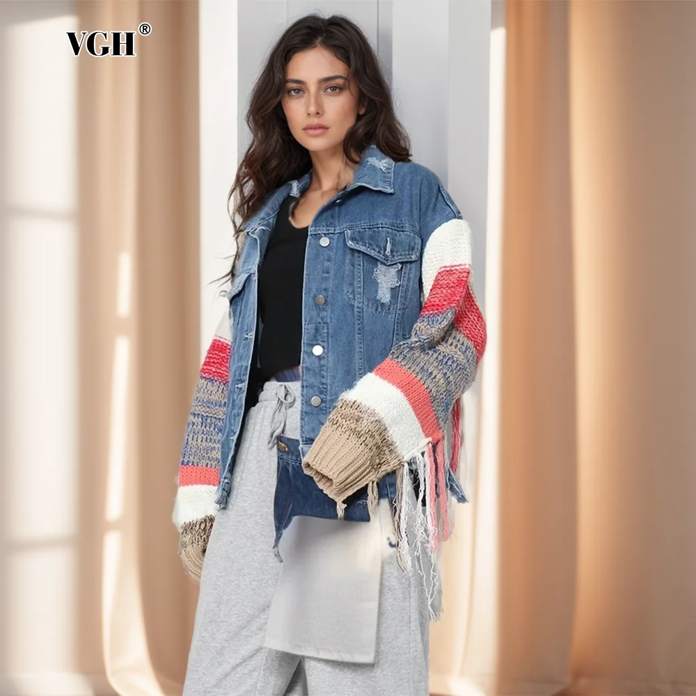 VGH Hit Color Patchwork giacche di jeans per donna bavero manica lunga impiombato monopetto Casual Blazer femminile 2024 abbigliamento nuovo