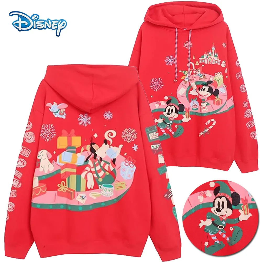 بلوفر ديزني ميري كريسماس كاسل ميكي ماوس فاميلي مطبوع عصري للنساء بغطاء للرأس باللون الأحمر #1