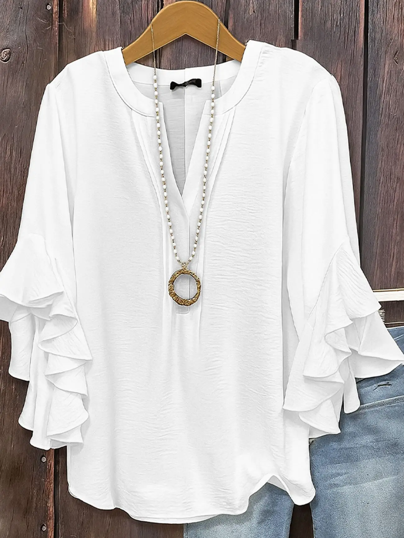 Fashion Women Split V Neck Blouse Pleated Placket Detail Multi Layer Ruffle Flare Three Quarter Sleeve Loose Straight Top