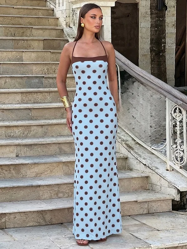 

Blue Polka Dot Slimming Sexy Girl Retro Street Fashion Dress High Waist Silk Fabric Milk Fiber Neutral Gender Summer Casual B...