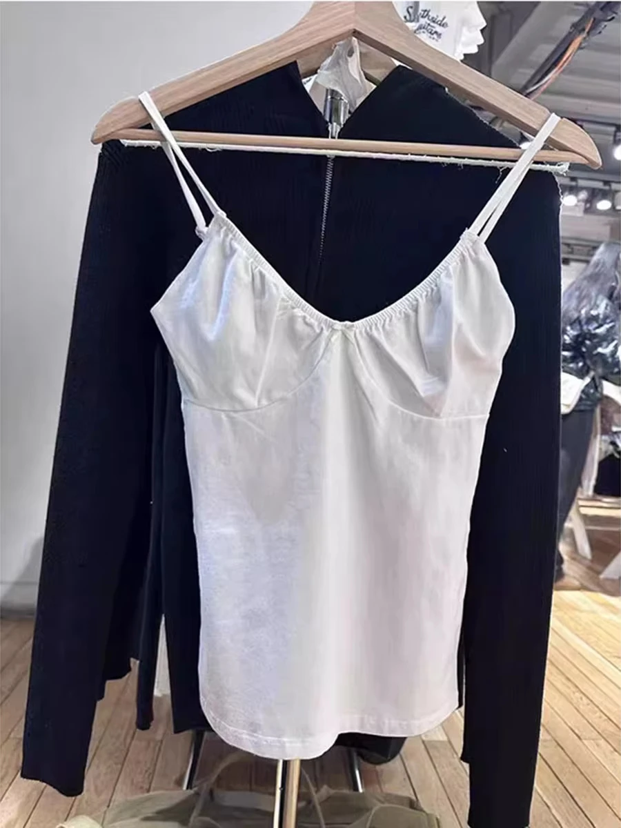 Canotta slim con pieghe con fiocco bianco Canotta estiva da donna sexy con scollo a V senza maniche Canotta semplice di base Dolce chic stile preppy Gilet casual Nuovo