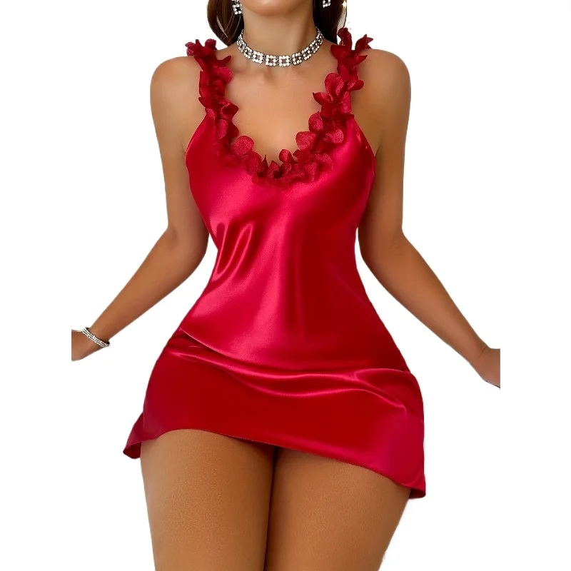 

Summer Contrast Sensual Lace Silk Satin Nightdress for Women Nightgown Deep V Backless Split Slip Sleep Dress Pajamas