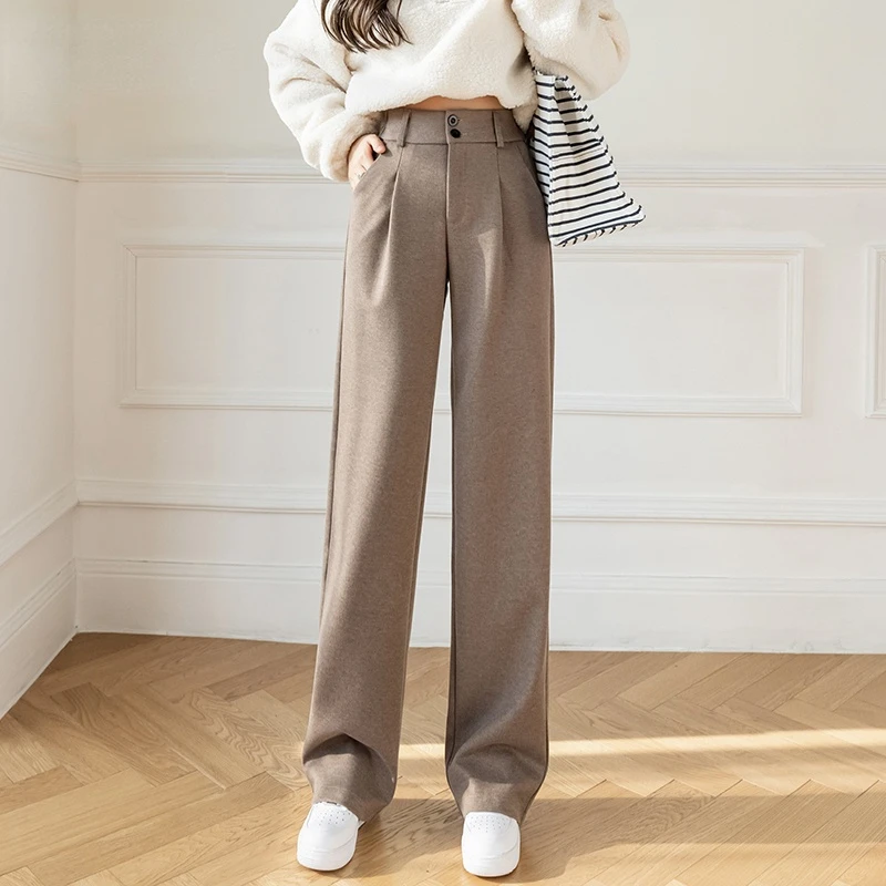 

Woolen Wide Leg Pants Black Khaki 2022 Winter Korean Style Women Trousers High Waist Loose Straight Mopping Long Pants Flat