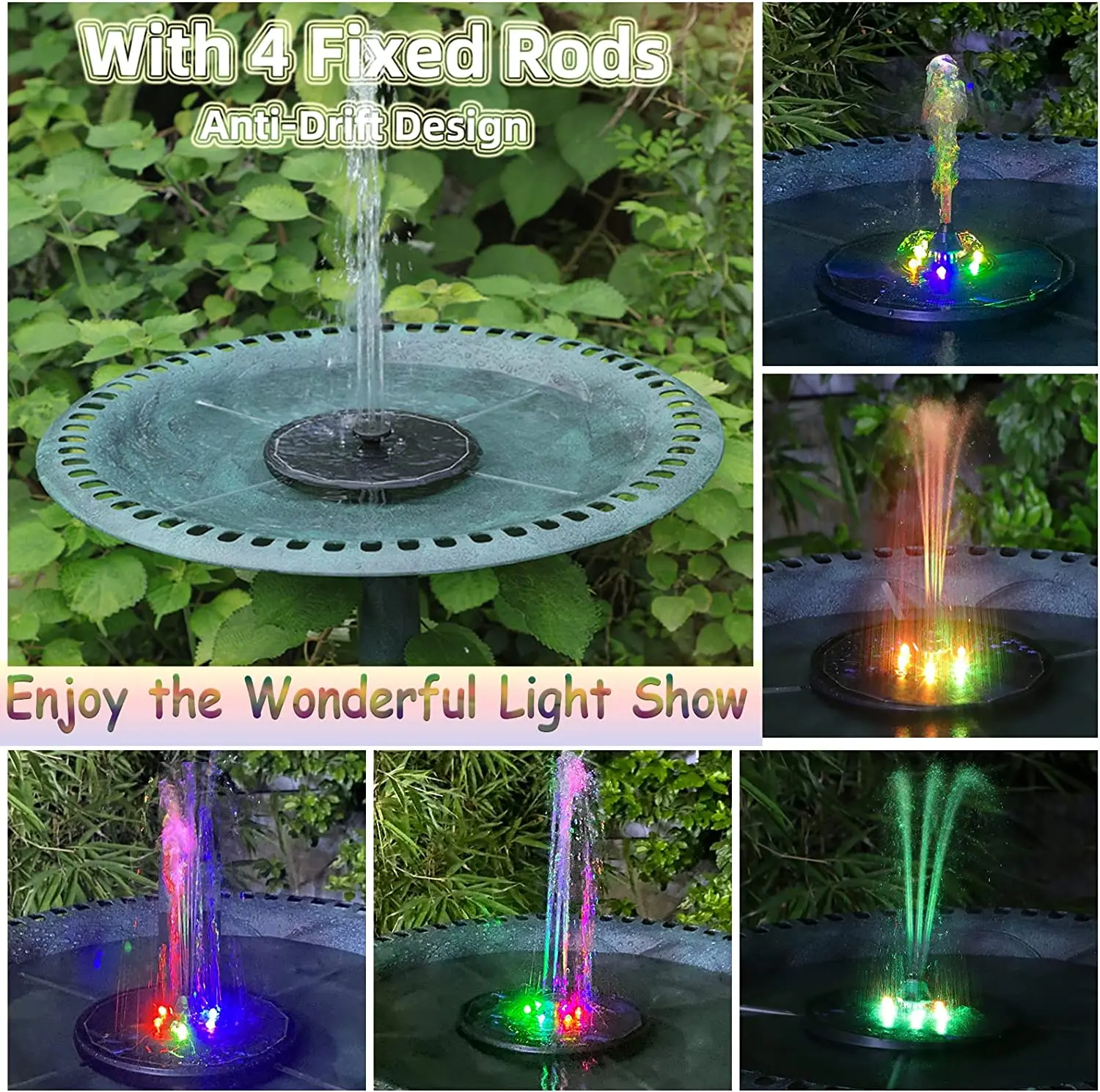 Solar Fountain Water Pump with color LED Lights for Bird Bath 3W with 7 Nozzles & 4 Fixers Floating Garden Pond Tank Solar Pump