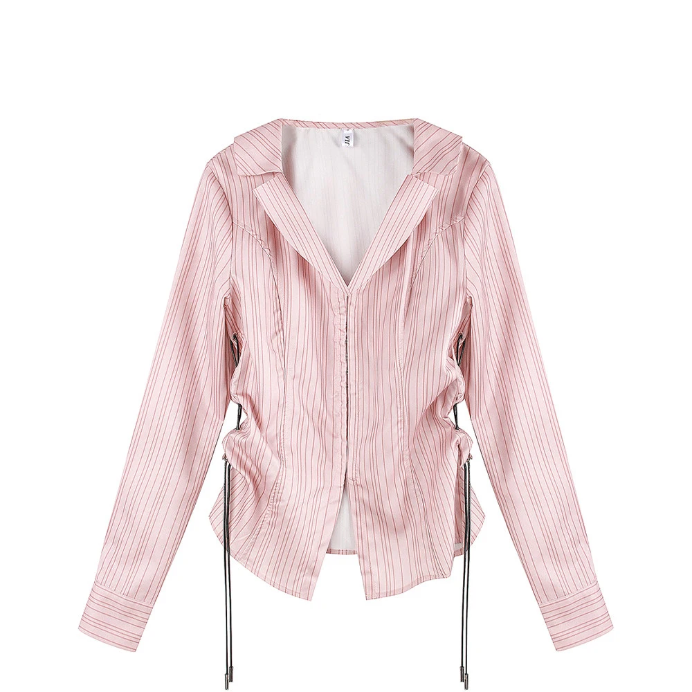 Pink Striped V-neck Waist Cinched Drawstring Long Sleeved Shirt Fashionable Lapel Short Shirt Spring/Summer Women's Shirt