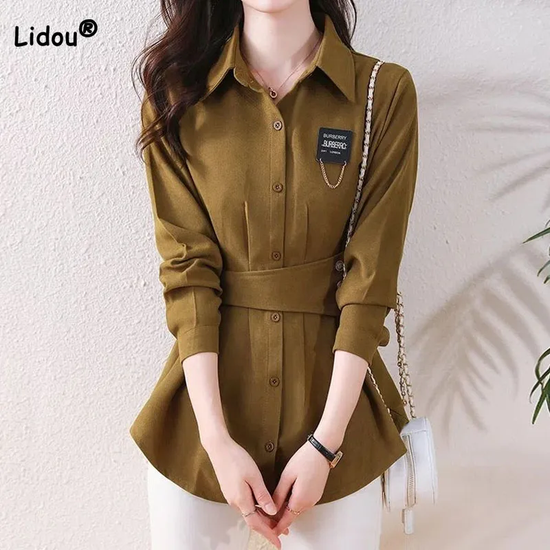 Casual coreano bandagem cintura manga longa camisa moda roupas femininas outono elegante chique polo-pescoço botão blusa de cor sólida