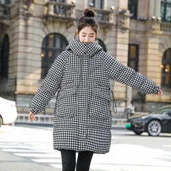 2024 Winter New Cotton Jacket Women's Thousand Bird Checker Thicken Loose Hooded Coat Warm Female Parkas Casual Long Overcoat