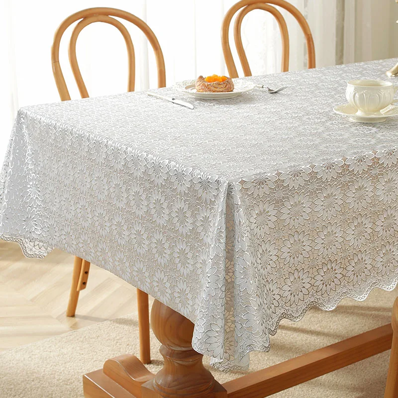 PVC Lace Tablecloth Waterproof Washable and Erasable Table Linen Tea Table Cloth Rectangular Table Cover Silvery