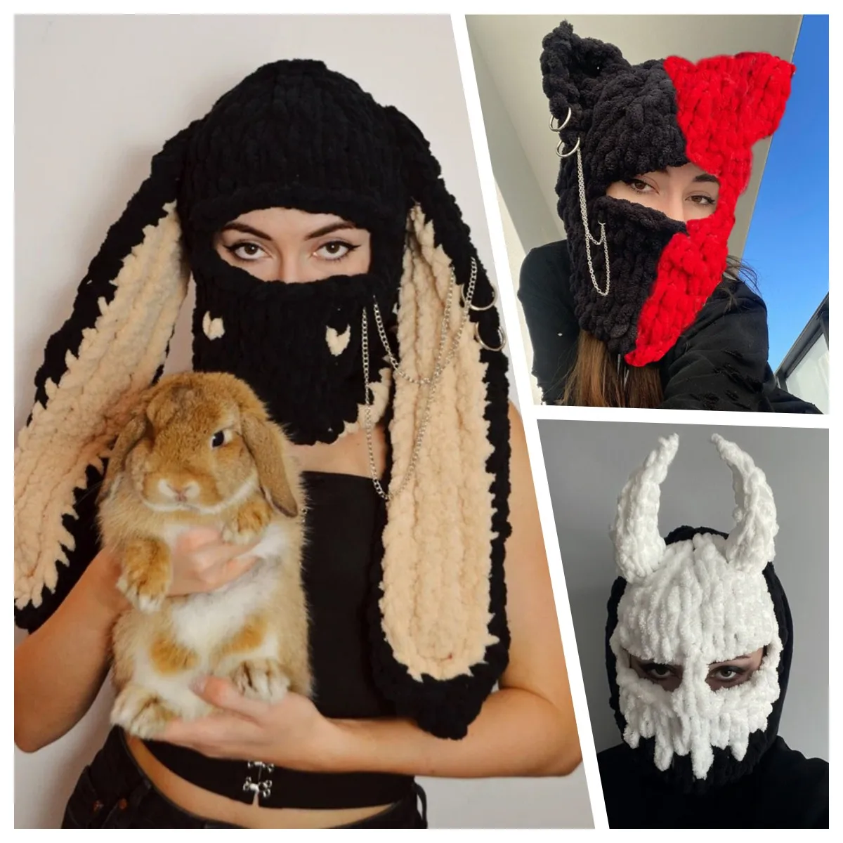 Halloween Funny Rabbit Ears Creative Knitted Hat Beanies Warm Full Face Cover Ski Mask Hat Windproof Balaclava Hat Outdoor Sport