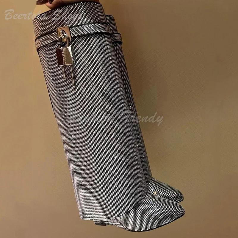 Fuchsia Crystal Red Knee Boots Women Black Leather Metal Buckle Calf Booties Flat Round Toe Silver Diamond Casual Luxury Shoes