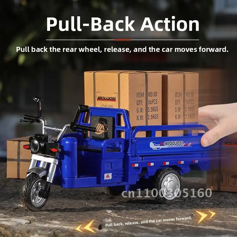 

Simulation alloy stall tricycle electric model express car sound and light back toy gift