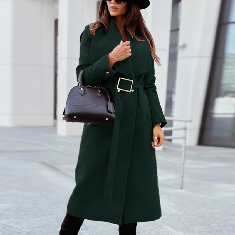 Casual Women Turn-down Collar Woolen Coats Autumn Winter Simple Long Sleeves Outwear Elegant  Buttons Belt Slim Solid Outwear