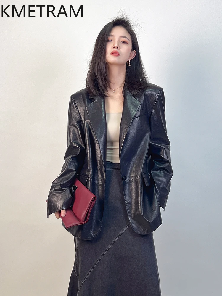 100% Sheepskin Jacket Women Fashion Black Mid Length Genuine Leather Suit Jackets Woman 2025 Autumn Ladies Clothes дубленка