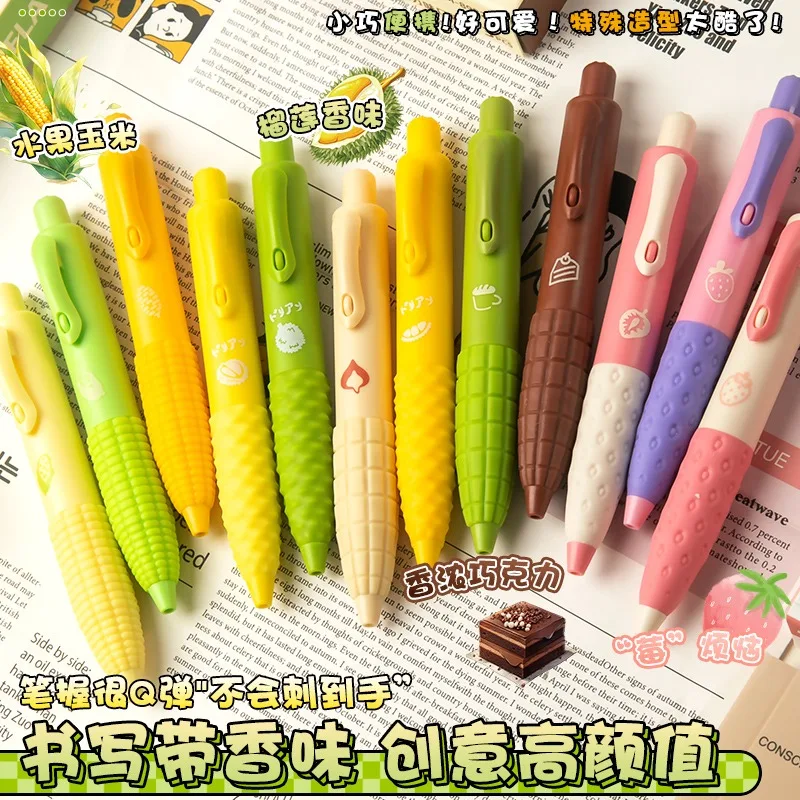 Leuke Fruit Gel Pennen, 3 Pen/Set Zwarte Inkt Aardbei/Durian/Chocolade Sneldrogend Ondertekening Stylo Voor meisjes Kids Kawaii Stationeri