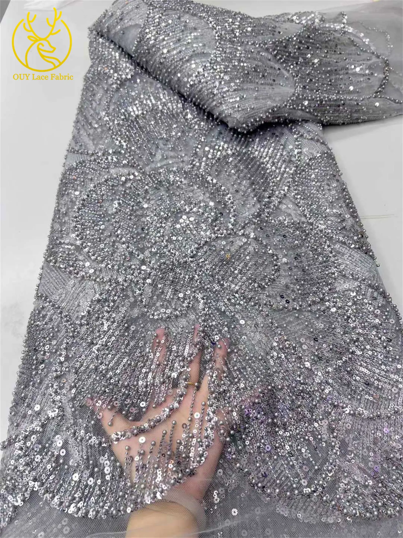 Marineblauer Luxus Hochwertiger Bestickter Perlen-Pailletten-Spitzenstoff Modischer Französischer Tüll-Netzstoff für Party und Hochzeit – Detail 9