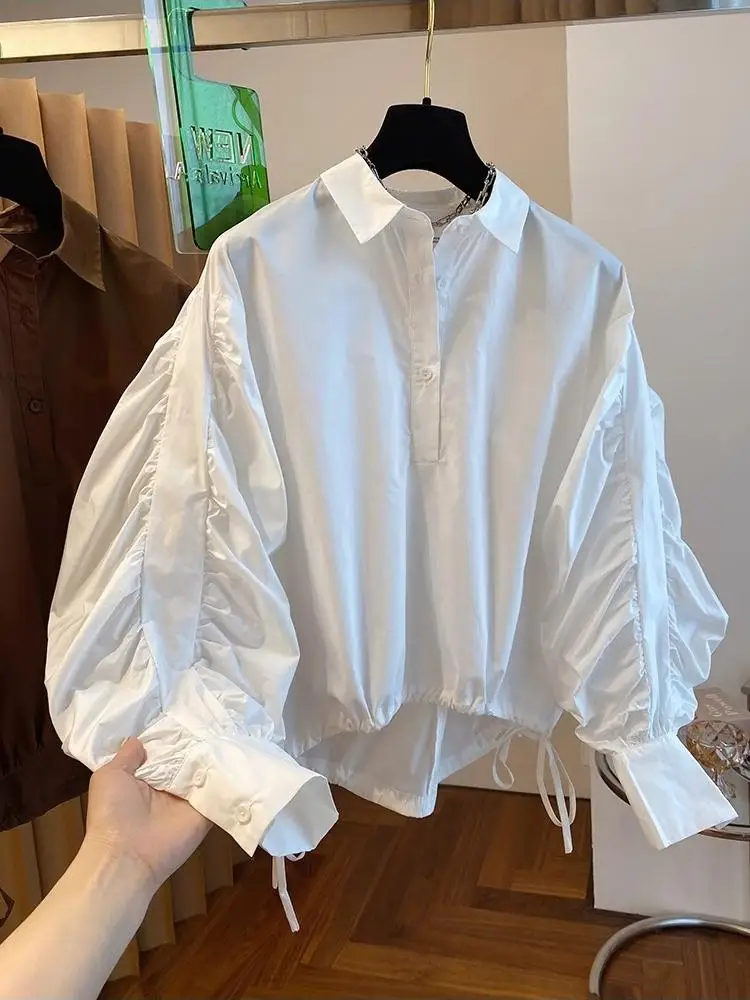 Fashion Design Women's Shirt Tops Vintage Lapel Pleats Drawstring Long Sleeves Shirt Autumn New Loose Blouse