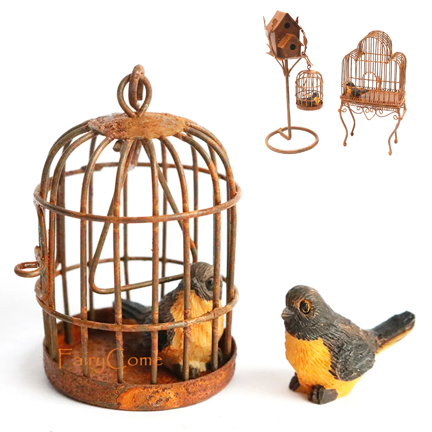 Miniature Birdcage Fairy Garden Dollhouse Bird Cage House Rusty Metal Iron Crafts Miniature Animal Garden Decoration Accessories