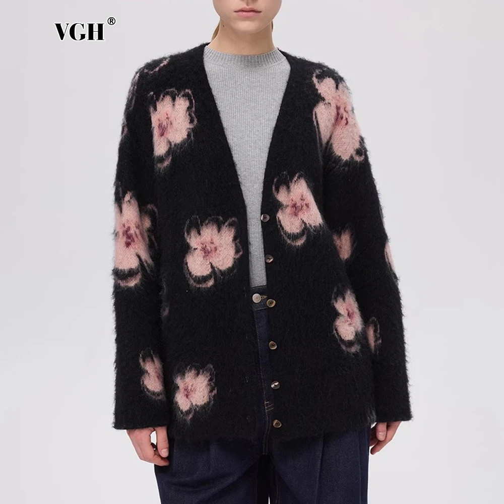 VGH Floral Print Sweater Women Deep Neck Long Sleeve Loose Elegant Spliced Single Button Vintage Cardigan Knitwear Female Autumn