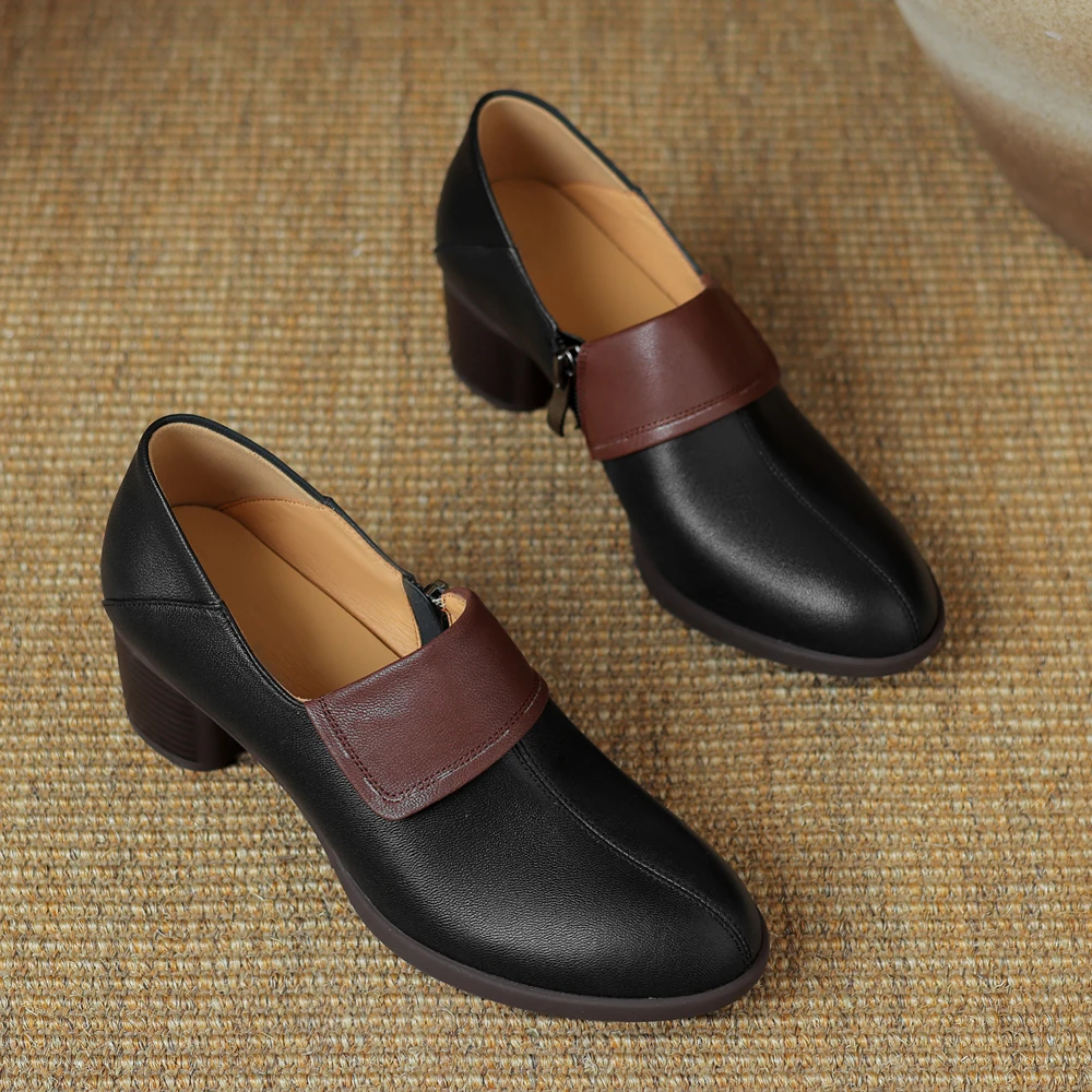 New Fashion Spring Autumn Leather Loafers Women Pumps Ladies Kitten Heel Shoes Luxury  Round Toe Block Heel Designer Black White