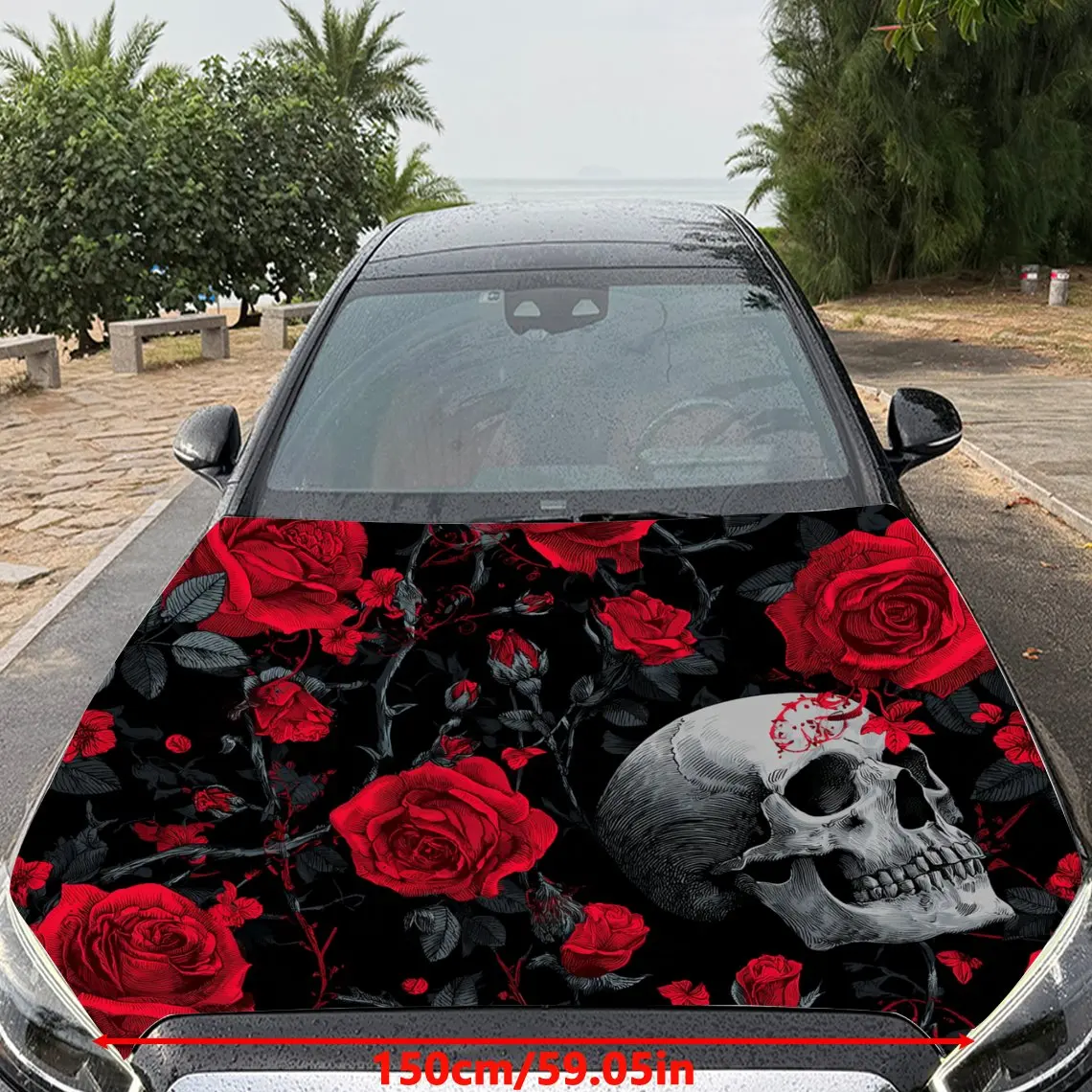 Dark Gothic Bold Skull-Rose Car Hood Sticker,Waterproof Self-Adhesive Vinyl Graphics Decals,Decorative Auto Accessories Stickers