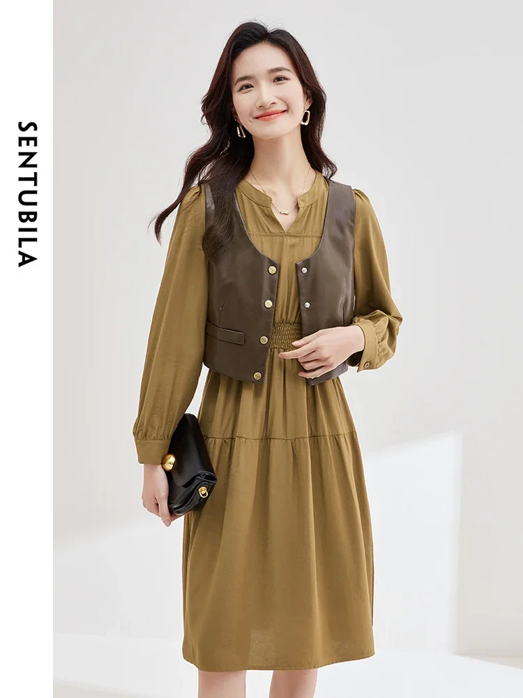 

SENTUBILA 2 Piece Dress Set for Women 2024 Autumn Outfit PU Leather Waistcoat Vest Long Sleeve Dress Woman Clothes W33Z52394