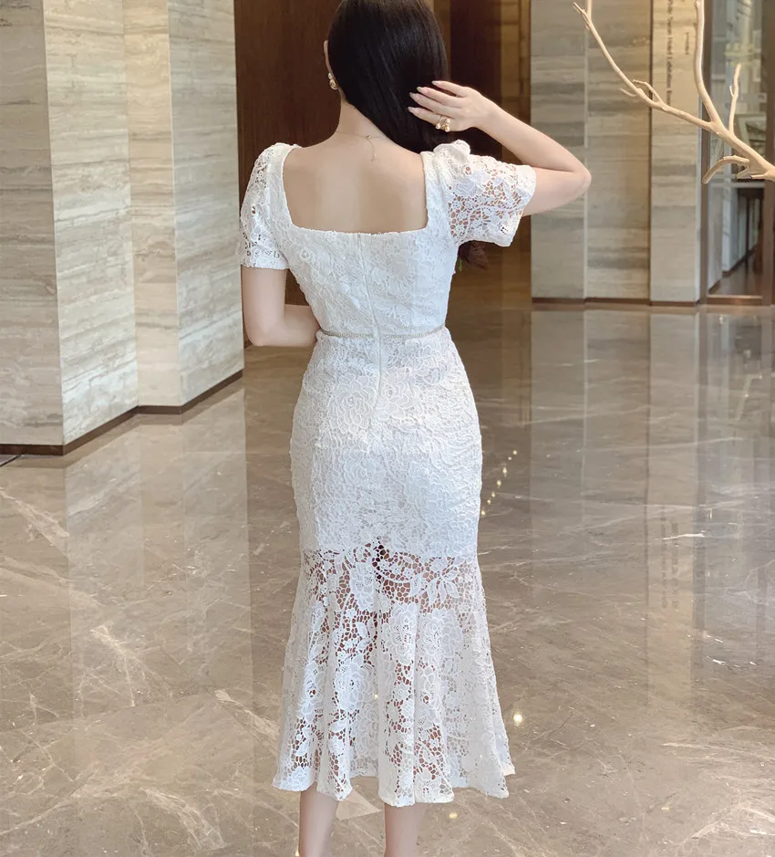 Runway Summer White Lace Square Collar Midi Dress French Summer Diamonds Buttons Hollow Out Embroidery Bodycon Mermaid Clothes