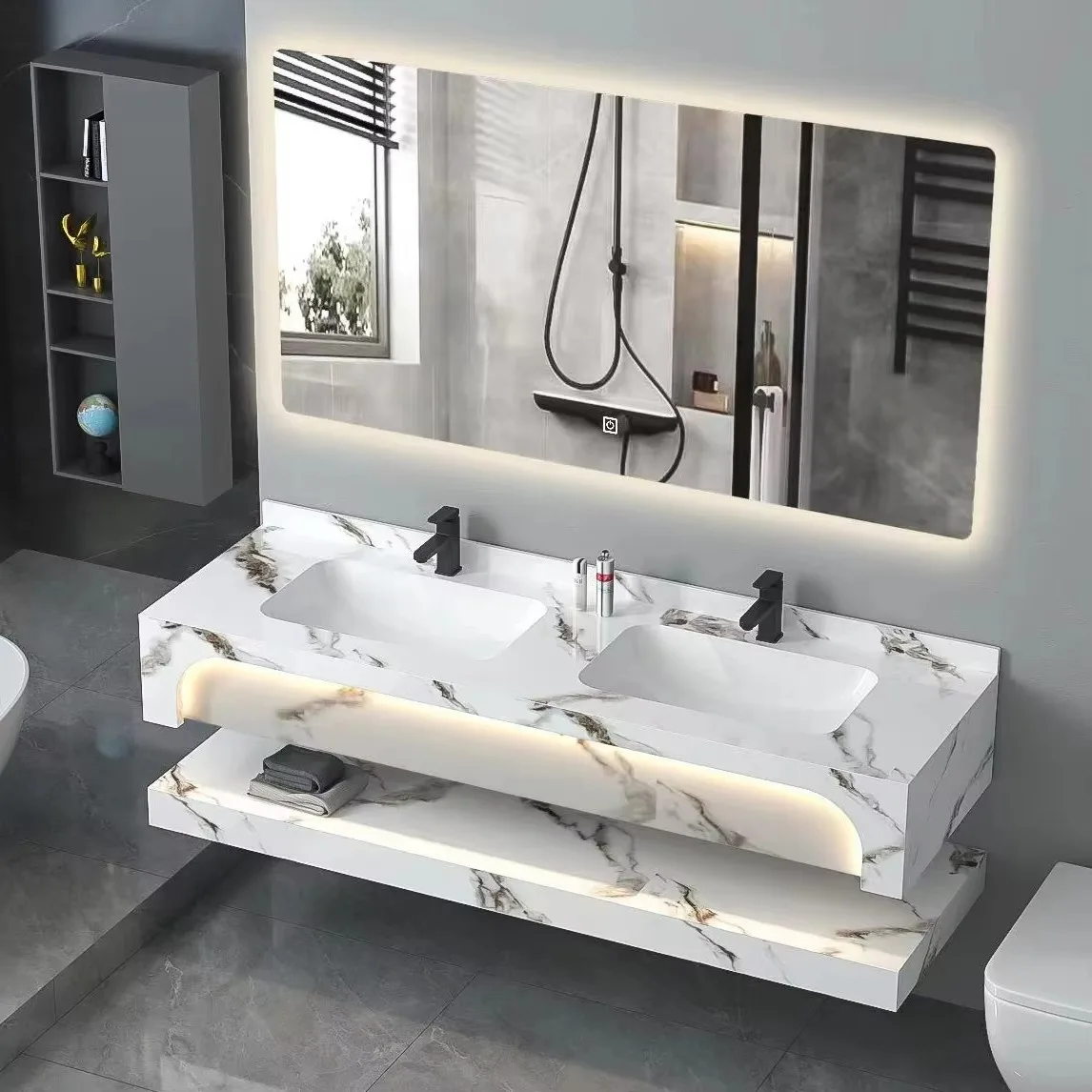 

@#OEM Sinered Modern Design Double Stone Cabinet Basin Wall Mounted Eco-friendly Durable Bathroom Vanities Set LED Touch