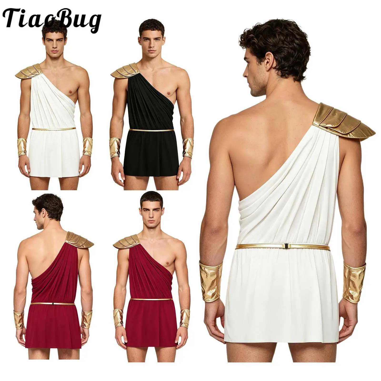 Men Single Shoulder Greek Jumpsuit Halloween Mythology Toga Dress-up Costume Tiered Epaulet Robe with Detachable Belt Cuffs  Set