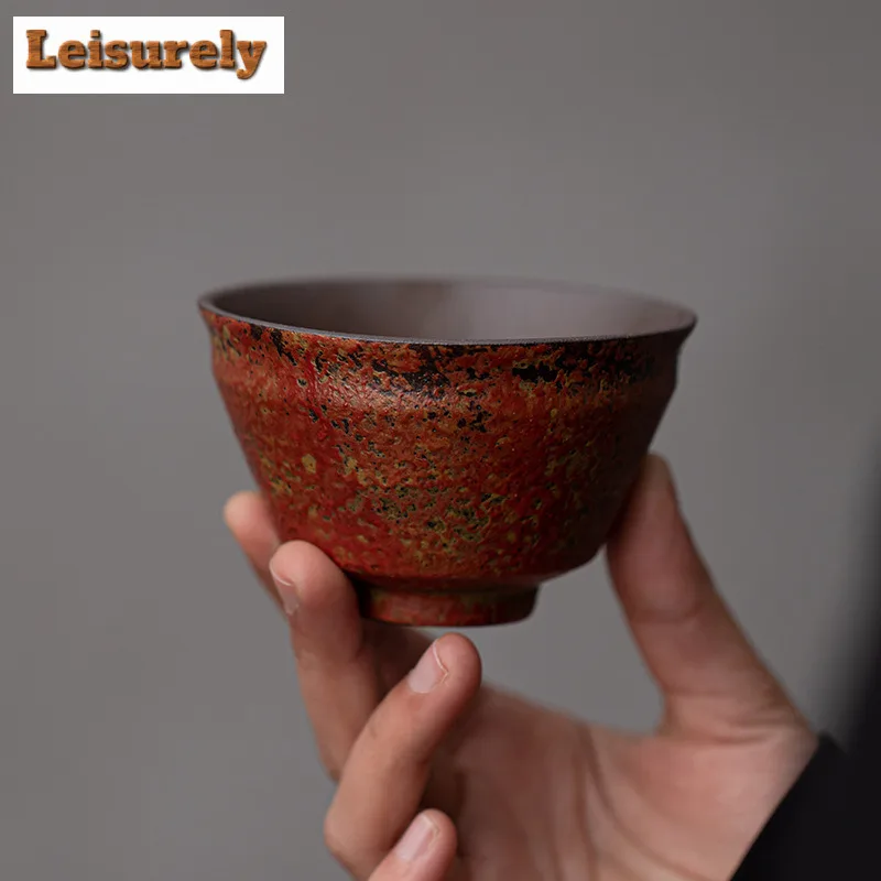 

130ml Old Rock Mud Filled Mountain Red Jun Bell Teacup Zen Tea Bowl Mug Tea-tasting Fragrance Cup Jianzhan Master Cups Cha Craft